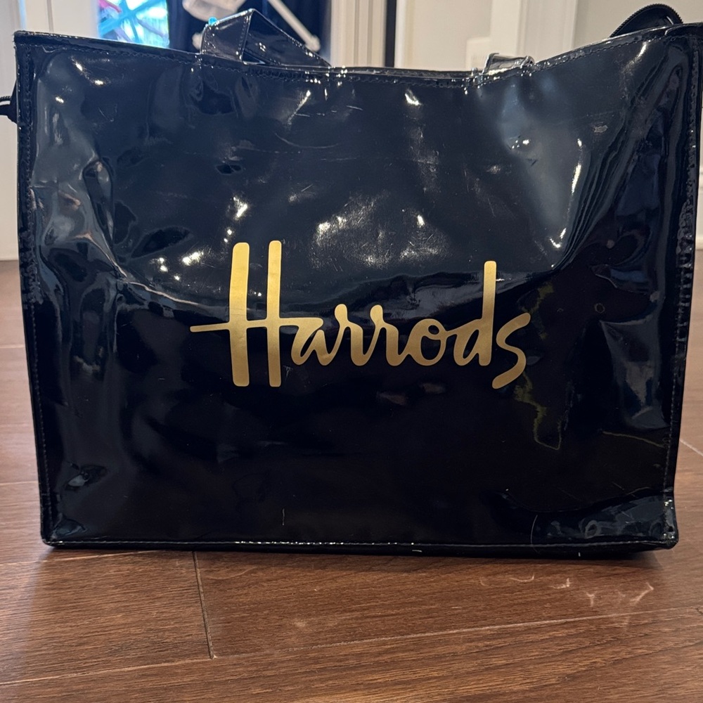 Harrods of London Large Glossy Black Logo Tote Bag